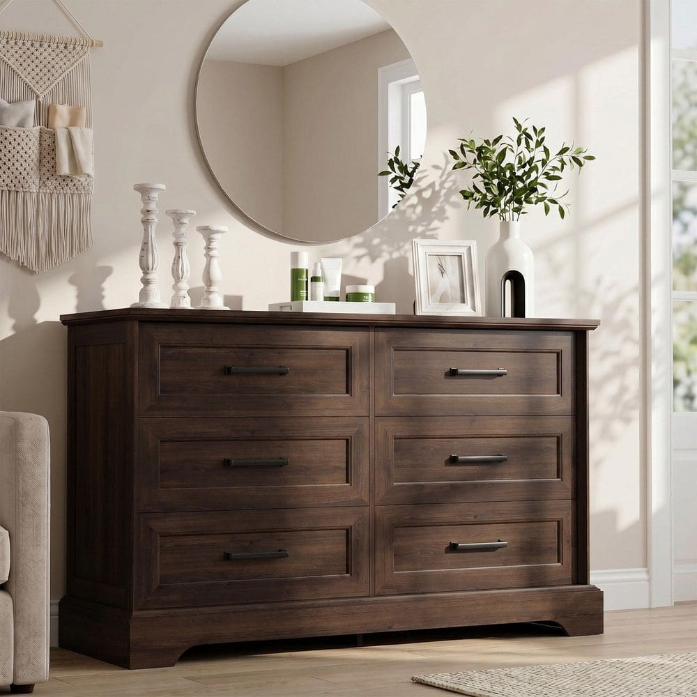 "47.2""W 6-Drawer Wide Dresser, Wood Grain Veneer Storage Chest with Black Metal Pulls, Brown" price history on PriceWatchPro