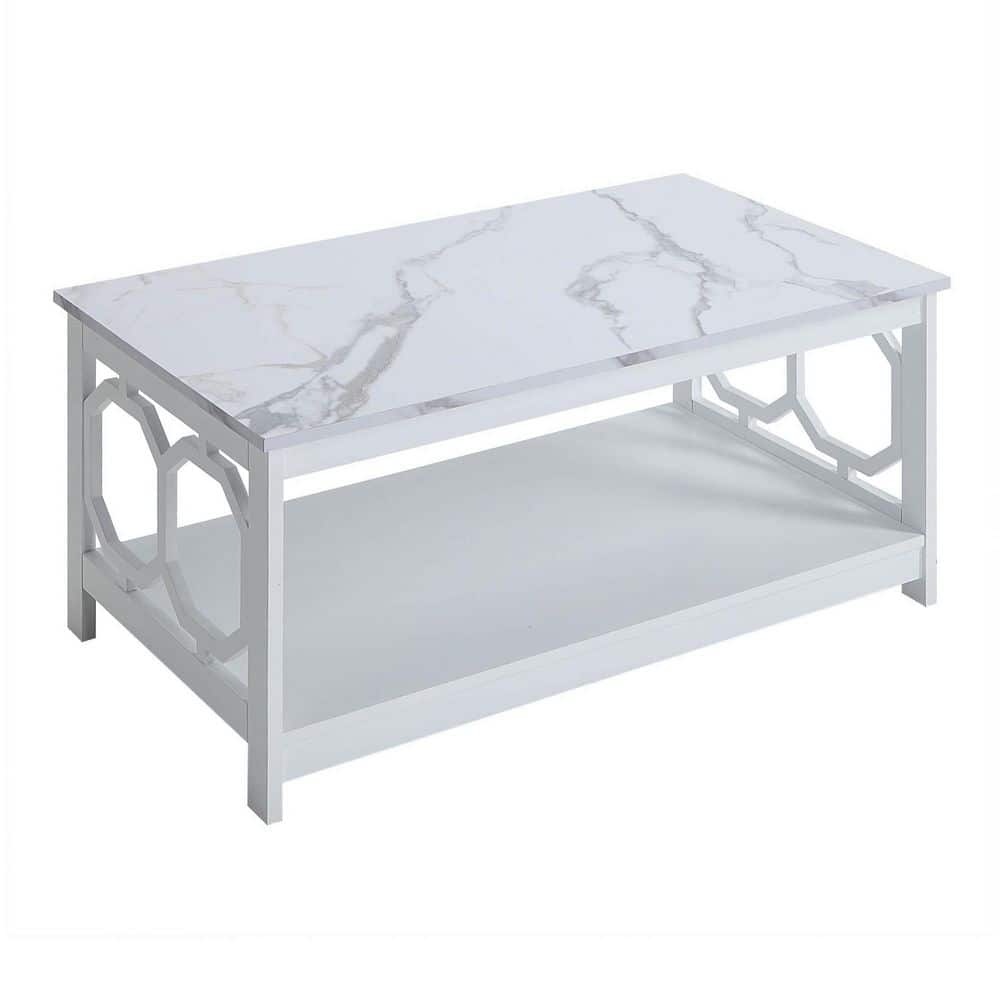 White Faux Marble and Wood Rectangular Coffee Table with Shelf