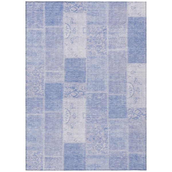 Sky Blue, Denim Blue 9 ft. x 12 ft. Woven Plaid Polyester Rectangle Indoor/Outdoor Area Rug
