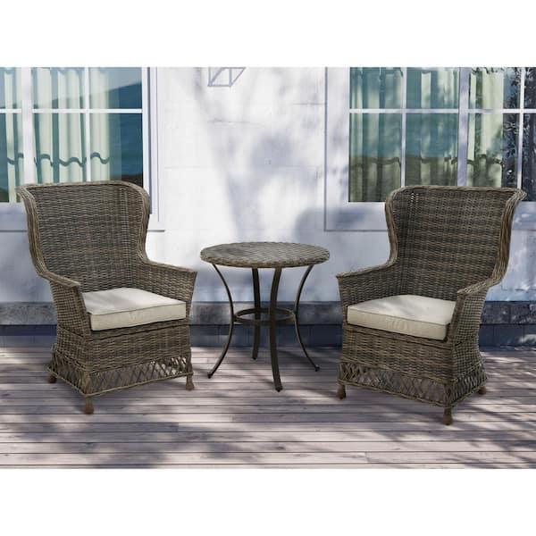 Unbranded Leah Dark Coffee 3-Piece Wicker Round Outdoor Bistro Set with Grey Cushions