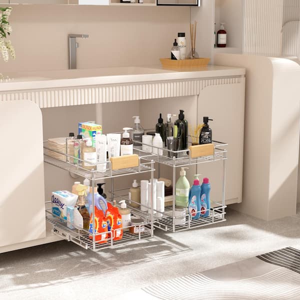 HOMEIBRO 13.5 in. W x 21.5 in. D x 15 in. H 2-Tier Pull-Out Organizer under Cabinet Storage for Kitchen with Wooden Handle