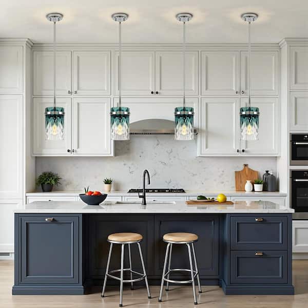 Jasslynn 60W Gradient Blue Modern Adjustable Pendant Light Chrome Fixture with Cylinder Glass Shade-Kitchen Dining Room