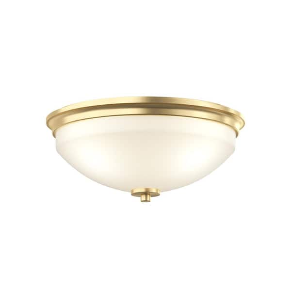 Replay 14 in. 2-Light Brushed Gold Round Flush Mount Light with Etched Glass Shade Foyer