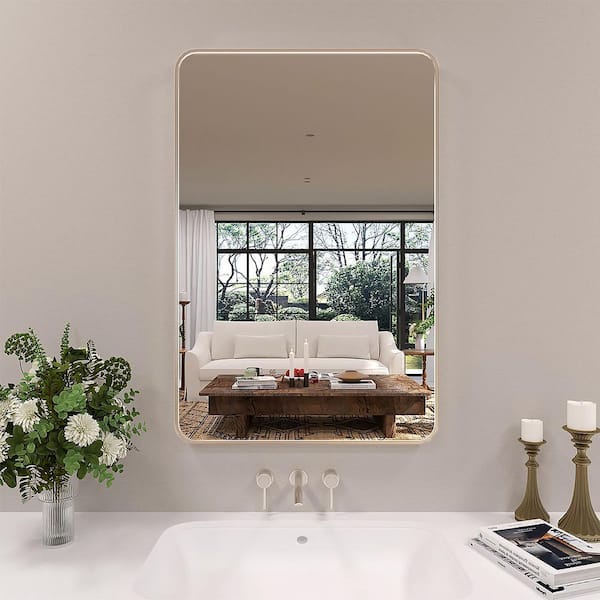Dew 24 in. W x 36 in. H Rectangular Framed Wall Bathroom Vanity Mirror in Brushed Nickel