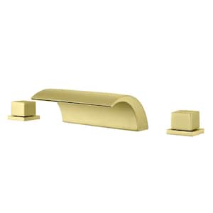 12 in. Waterfall Arc-shaped Widespread Double-Handle Bathroom Faucet Center Widespread Low Arc Faucet in Brushed Gold