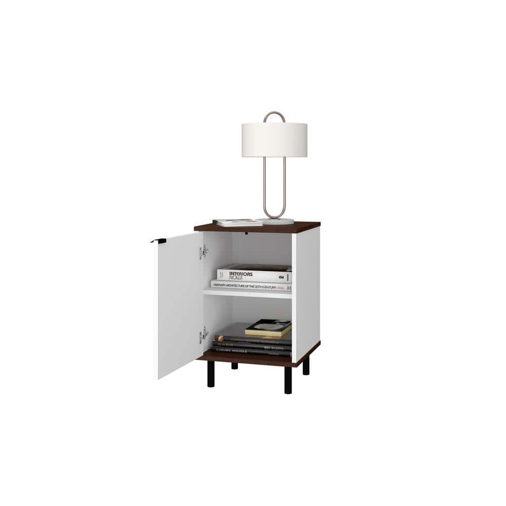 White and Nut Brown Mid-Century Modern Nightstand with Shelves
