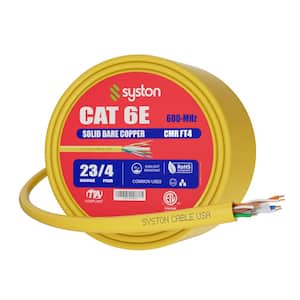 100 ft. Yellow CMR Cat 6e 600 MHz 23 AWG Solid Bare Copper Ethernet Network Cable-Bulk No Ends Heat Resistant