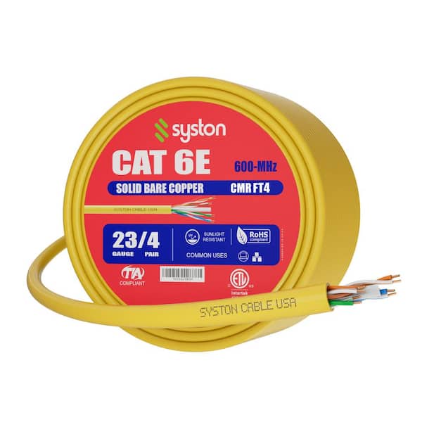 50 ft. Yellow CAT6E CMR Riser Rated 600 MHz 23 AWG Solid Bare Copper Ethernet Network Cable-Bulk No Ends Heat Resistant