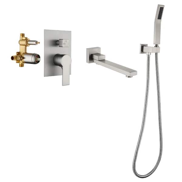 Ami Single-Handle Wall Mount Roman Tub Faucet with 180° Swivel spout and Hand Shower Ceramic Disc in Brushed Nickel