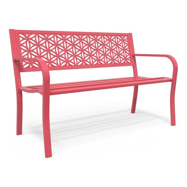 Unbranded 50 in. 2-Person Pink Metal Outdoor Bench with Floral Back