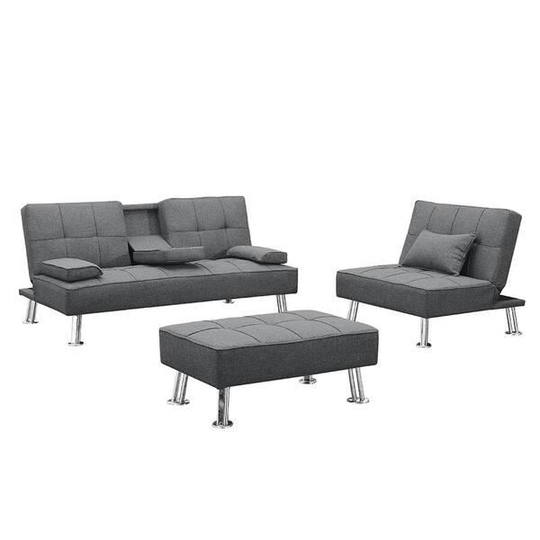 Donason 61.42 in. W Armless Fabric 2-Seat Straight Reclining Sofa in Gray with Single sofa bed and Ottoman (3-Piece)