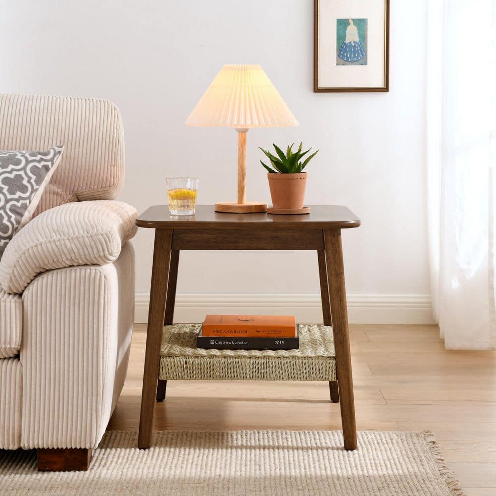 Norbert Mid-Century 23 in. Dark Walnut Square Wood End Table with Woven Shelf
