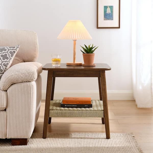 Norbert Mid-Century 23 in. Dark Walnut Square Wood End Table with Woven Shelf
