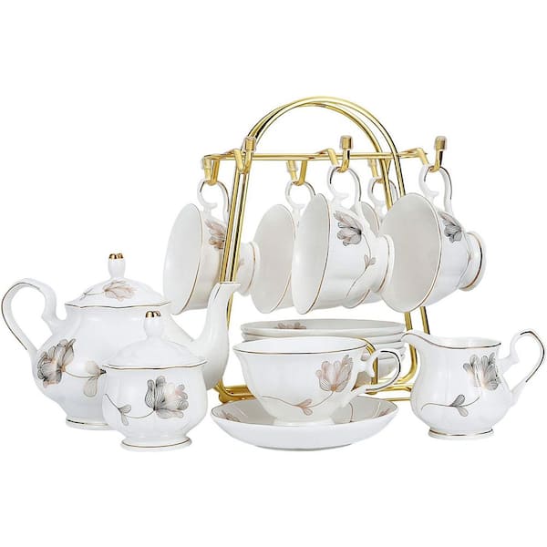 Porcelain Ceramic 22-Piece Tea Set with Teapot, Cups, Saucers, Sugar Bowl, Cream Pitcher, Strainer, Gift Set