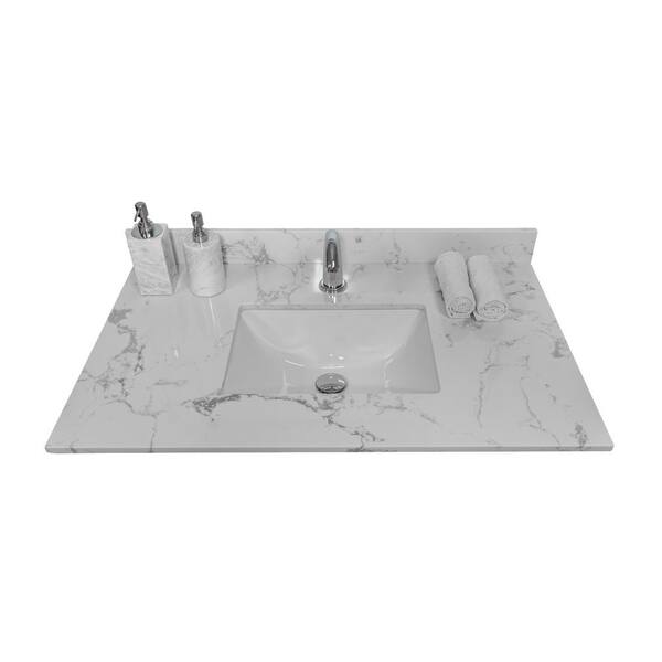 31 in. W x 22 in. D x 0.75 in. H Quartz Vanity Top in Carrara White with White Basin 31 in. W x 22 in. D x 0.75 in. H Quartz Vanity Top in Carrara White with White Basin