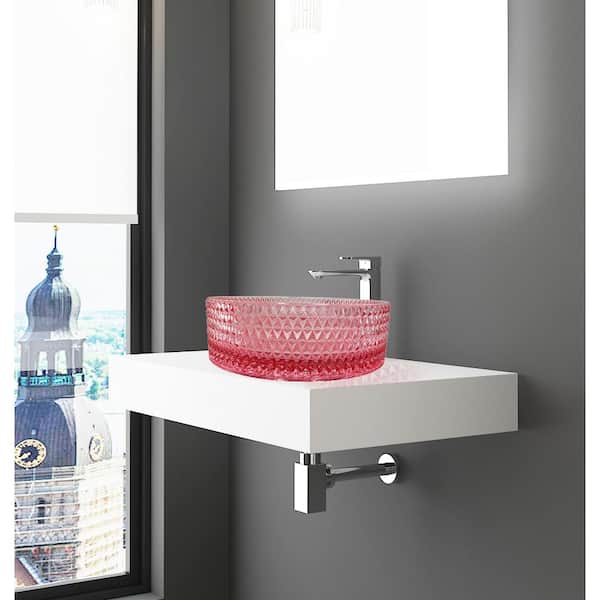 30 in. Wall Mounted Bathroom Countertop Shelf in White Solid Surface with Pink Round Glass Vessel Sink