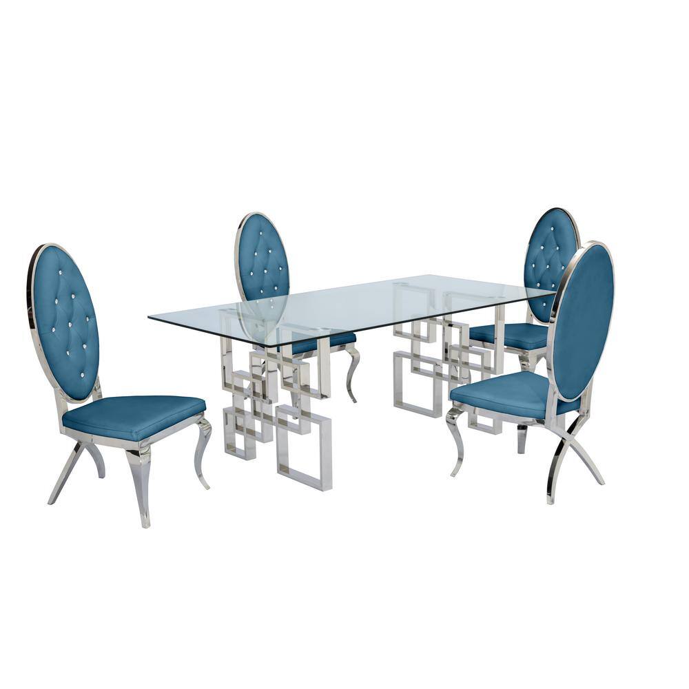 Best Quality Furniture Dominga 5Piece Glass Top with Stainless Steel Set with 4 Teal Blue