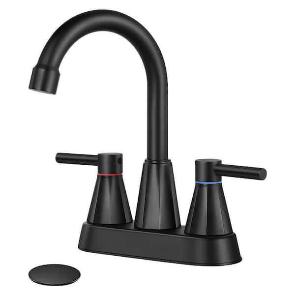 4 in. Centerset Double Handle High Arc Bathroom Faucet with Pop Up Drain Kit Included in Matte Black