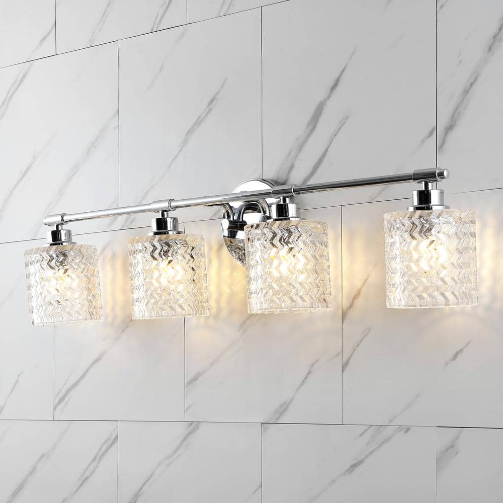 Spaulding Vintage 31.5 in. 4-Light Iron/Chevron Pattern Glass Farmhouse Cottage LED Chrome Vanity Light price history on PriceWatchPro