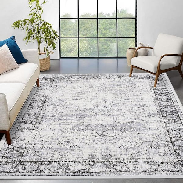 8 ft. x 10 ft. Gray Large Size Non-Slip Bohemian Style Washable Vintage Floral Carpet for Dining Room Bedroom Area Rug