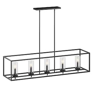 48 in. 5-Light Black Kitchen Island Rectangle Chandelier with Clear Glass Shade