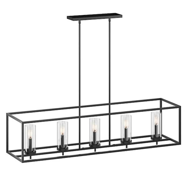 48 in. 5-Light Black Kitchen Island Rectangle Chandelier with Clear Glass Shade