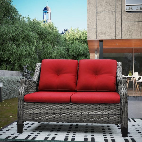 Brown Wicker Outdoor Loveseat Patio Sofa Deep Seating with Red Cushions