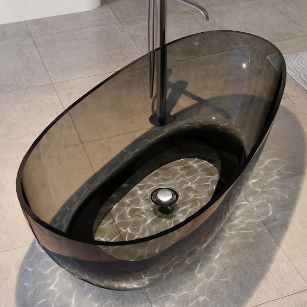 Modern 67 in. x 33 in. Soaking Transparent Resin Bathtub with Center Drain and Hose in Dark Gray