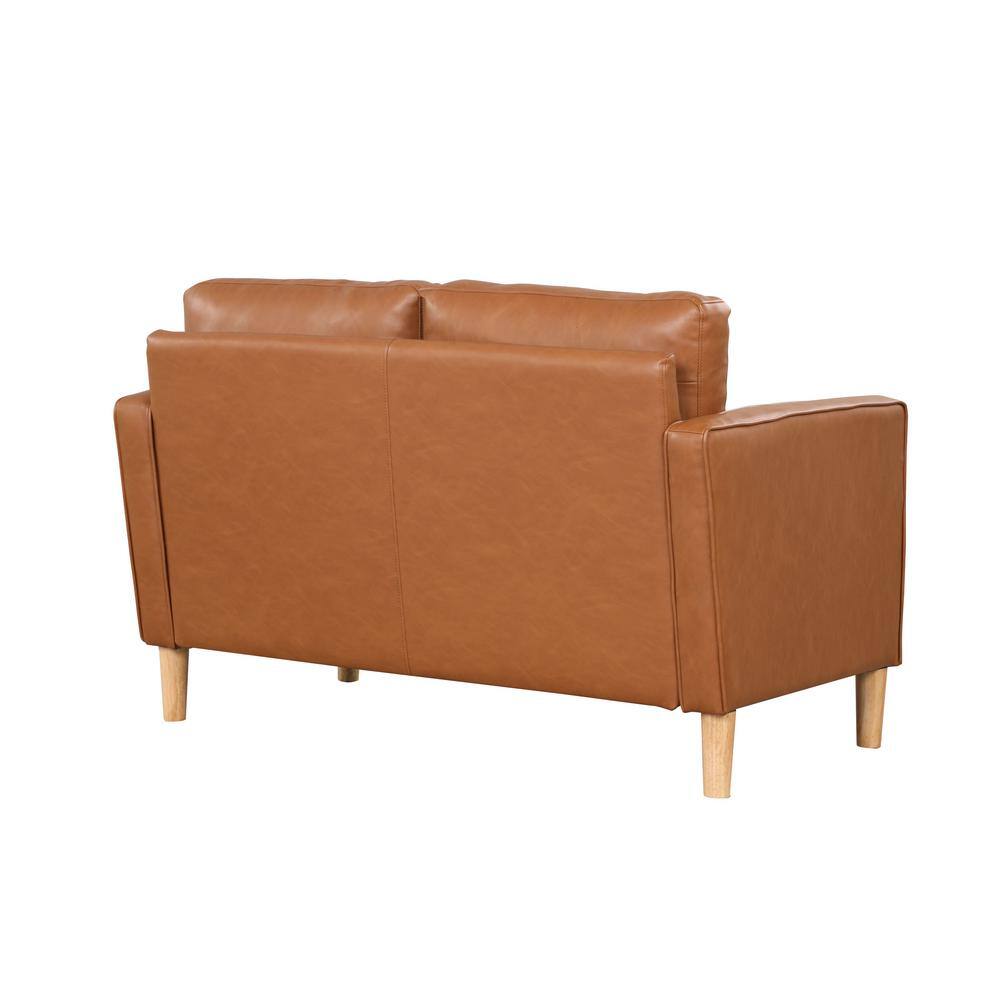 Caramel Faux Leather Tufted Loveseat with Wood Legs