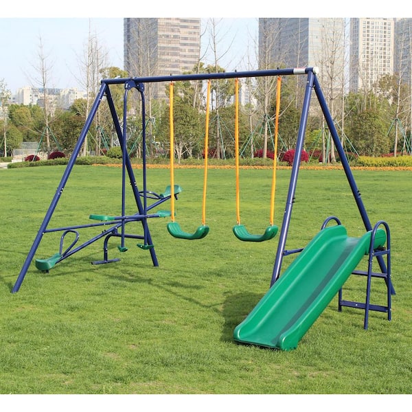Blue 5 in 1 Outdoor Metal Swing Set with Glider, Slide and Teeter-totter