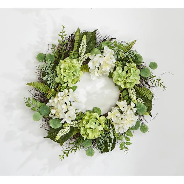 Unbranded 24 in. Artificial Hydrangea Wreath on Twig Base, Cream