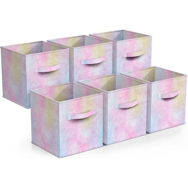 Foldable Storage Cubes with Handles, Multicolored 10.5 in x 11 in Fabric Decorative Basket Set of 6, Closet Organizer