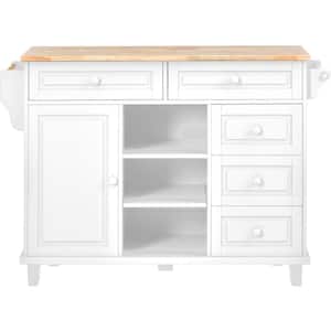White with Rubber Wood Desktop Rolling Mobile 52.8 in. Kitchen Cart Island Hand, with Storage Cabinet and 5-Drawers