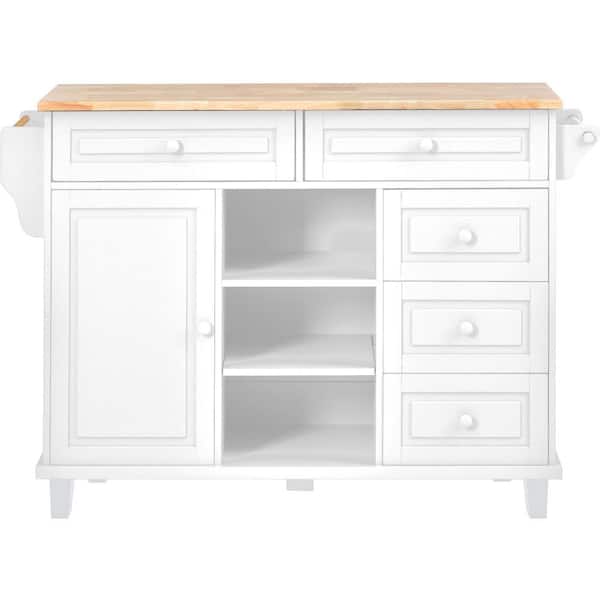 Unbranded White with Rubber Wood Desktop Rolling Mobile 52.8 in. Kitchen Cart Island Hand, with Storage Cabinet and 5-Drawers