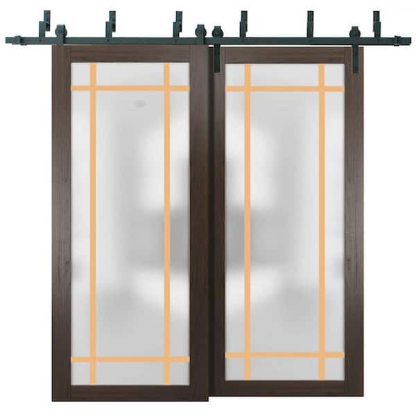 Sartodoors 48 in. x 96 in. 2-Panel Frosted Glass Chocolate Ash Solid Wood Sliding Barn Door with Hardware Kit