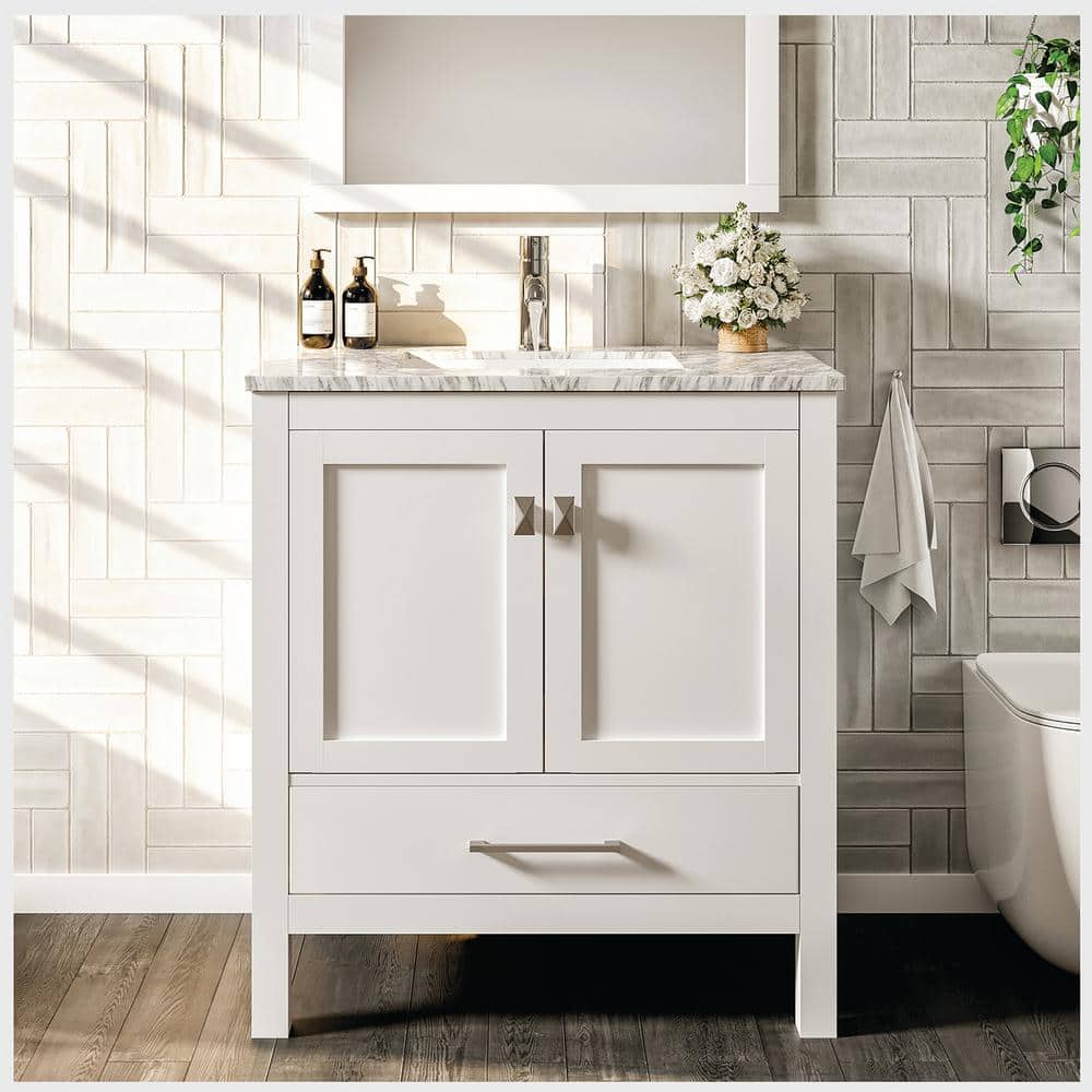 Eviva London 30 in. W x 18 in. D x 34 in. H Bathroom Vanity in White with White Carrara Marble Top with White Sink -  TVN414-30X18WH