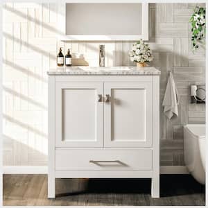 London 30 in. W x 18 in. D x 34 in. H Bathroom Vanity in White with White Carrara Marble Top with White Sink