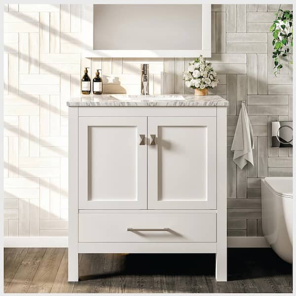Eviva London 30 in. W x 18 in. D x 34 in. H Bathroom Vanity in White with White Carrara Marble Top with White Sink