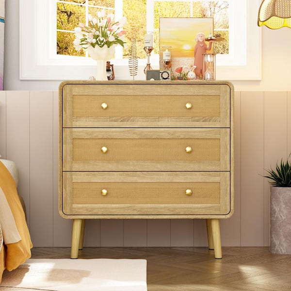 FUFU&GAGA 31.5 in. W Burly Wood Grain Yellow Rectangle Wood End Table, Nightstand with 3 Large Drawers