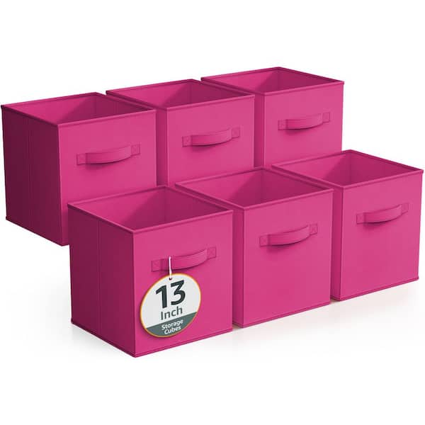 Large Storage Cubes with Handles, Pink 13 in. x 13 in. Fabric Decorative Basket Set of 6, Clothes and Closet Organizer