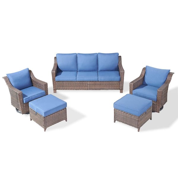 SlideArm Brown 5-Piece Wicker Swivel Glider Patio Conversation Set, Sofa Seating Set with Olefin Navy Blue Cushions