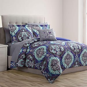 Split 6-Piece Blue Floral Motif Print Microfiber Fabric Twin Size Complete Bed Set