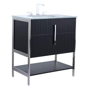 30 in. W x 18 in. D x 33.5 in. H Bath Vanity in Black with Glass Single Sink Top in White with Chrome Hardware
