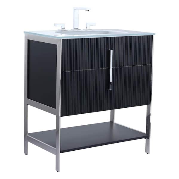 FINE FIXTURES 30 in. W x 18 in. D x 33.5 in. H Bath Vanity in Black with Glass Single Sink Top in White with Chrome Hardware
