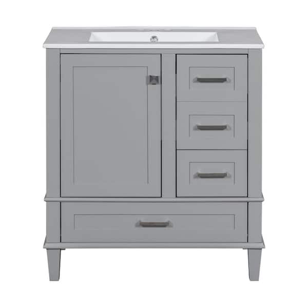 30 in. Single Sink Freestanding Grey Bath Vanity with White Ceramic Top, Solid Wood Frame