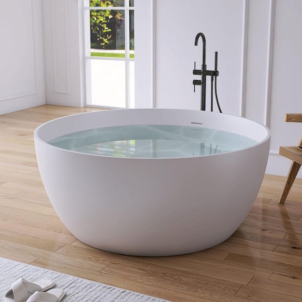 51 in. x 51 in. Round Stone Resin Solid Surface Flatbottom Freestanding Soaking Bathtub in Matte White