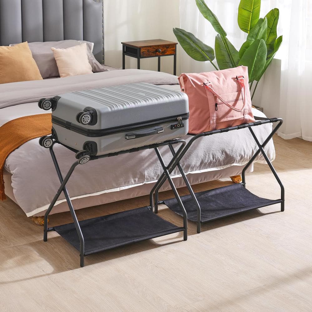 Black Foldable Metal Luggage Rack with Storage Shelf, Set of 2