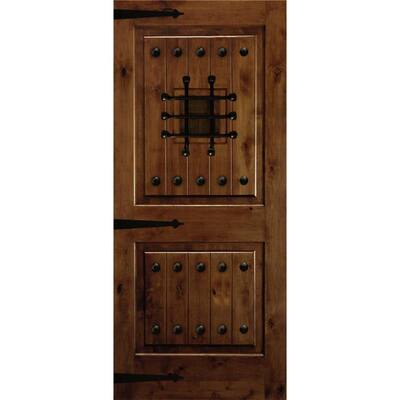 36 in. x 80 in. Mediterranean Knotty Alder Square Top Provincial Stain Left-Hand Inswing Wood Single Prehung Front Door