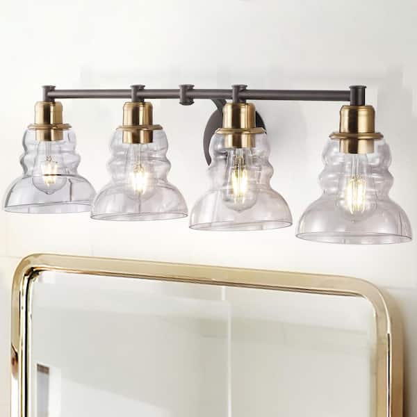 JONATHAN Y Manhattan Vintage 35.5 in. 4-Light Brass Gold/Oil Rubbed Bronze Metal/Glass Industrial Rustic LED Vanity Light