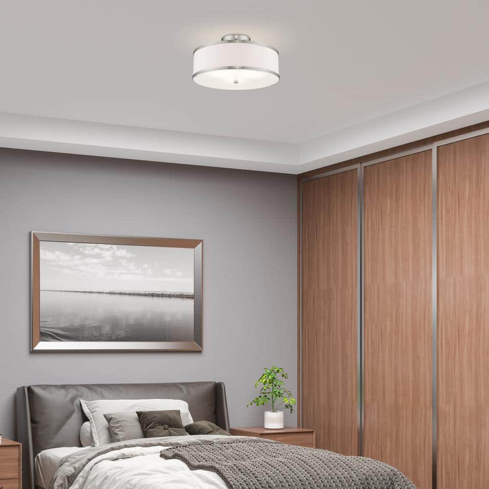 Brushed Nickel 3-Light Drum Ceiling Mount with White Hardback Shade